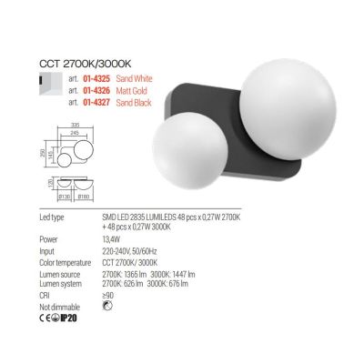 LUMIEN APPLIQUE A 2 LUCI LED 13,4W LUCE CCT 2700K-3000K IN METALLO BIANCO, NERO E ORO DESIGN MODERNO