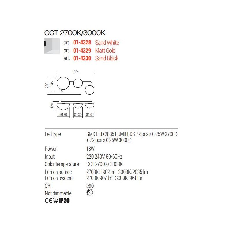 LUMIEN APPLIQUE A 3 LUCI LED 18W LUCE CCT 2700K-3000K IN METALLO BIANCO, NERO E ORO DESIGN MODERNO