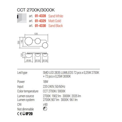 LUMIEN APPLIQUE A 3 LUCI LED 18W LUCE CCT 2700K-3000K IN METALLO BIANCO, NERO E ORO DESIGN MODERNO