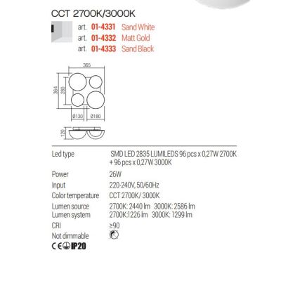 LUMIEN APPLIQUE PLAFONIERA 4 LUCI LED 26W LUCE CCT 2700K-3000K IN METALLO BIANCO, NERO E ORO DESIGN MODERNO